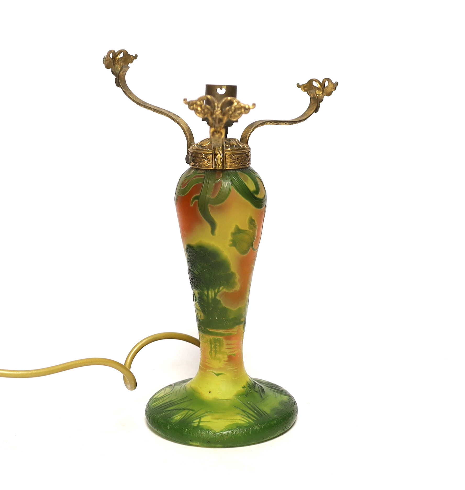 An Art Nouveau cameo glass lamp base by J. Michael, Paris, gilt metal mounted, 27cm high including fittings